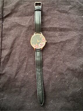 Women's Black Floral Dial Leather Strap Watch